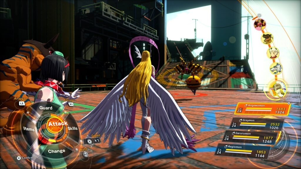 Sistema de batalha em turnos de Digimon Story: Time Stranger com interface atualizada e efeitos digitais.