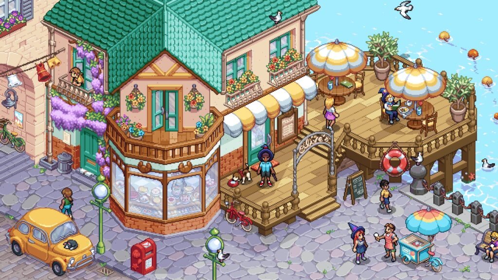 Interface de jogo de Witchbrook com barra de feitiços, mana e ferramentas mágicas visíveis na tela.